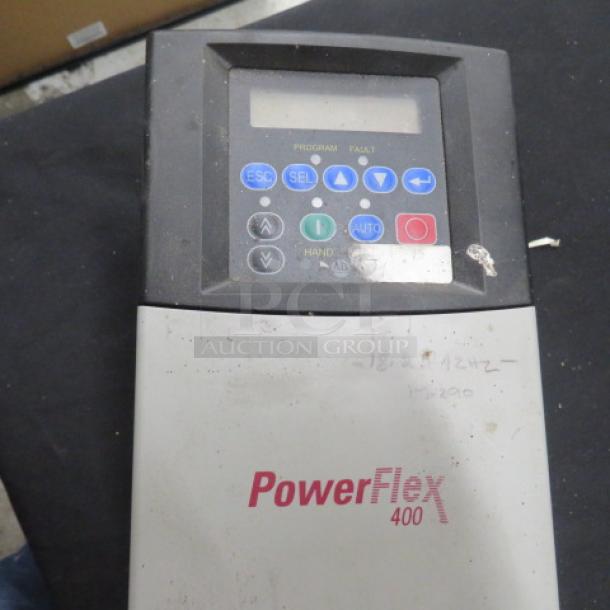 Allen-Bradley PowerFlex 400 drive, buttons and display visible, slight wear. Model for fan and pump control.