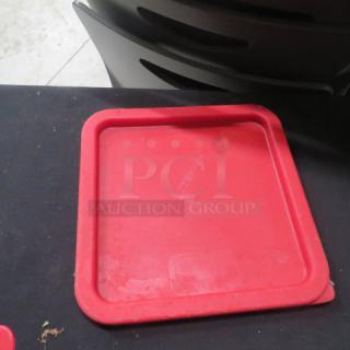 Red Carlisle 6/8 Qt Lid, model 6XBID, in used condition. Square shape with raised edges. No visible markings.
