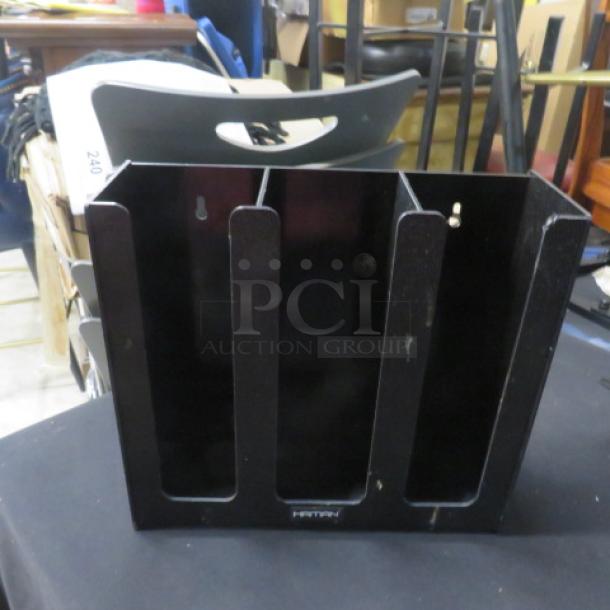Haitian Poly Lid Organizer, black, three vertical compartments, slight surface wear, brand label at front base.