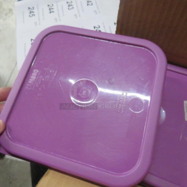 NEW Cambro 2/4 Qt lid in purple, unused. Features a clear top with embossed branding and size details.