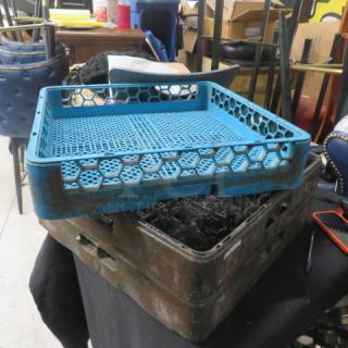 Assorted dishwasher racks, blue and brown, stackable, used condition, honeycomb pattern, item code 3XBID visible.