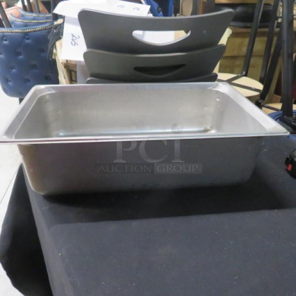 Full-size 6-inch deep hotel pan, stainless steel, lightly used, ideal for commercial kitchens, catering, or buffet service.