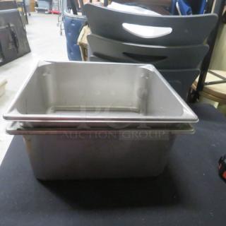 Stainless steel hotel pan, 13x14x6 inches, stack design, used condition, suitable for food service use.