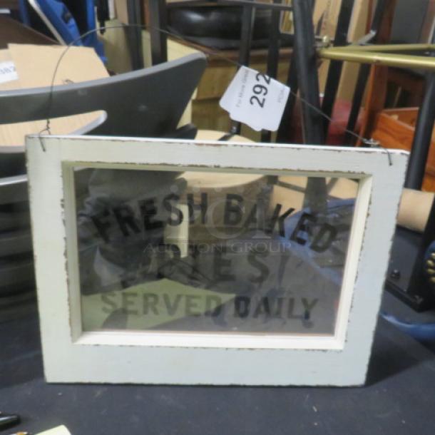 15x11 vintage window sign with "Fresh Baked Pies Served Daily" text, distressed white frame, wire hanging.