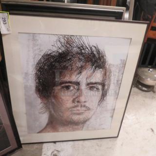 Framed portrait, 34x38 inches, depicts a sketched male face. Modern style with textured lines, set in a white frame.