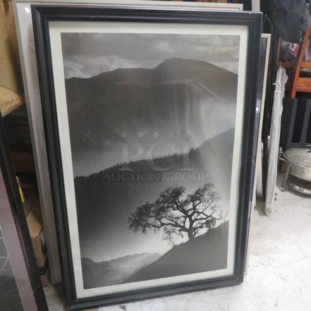 Framed 27x39 black and white landscape picture featuring a lone tree, in good condition, with a dark wooden frame.