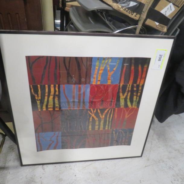 Framed picture, 32.5x32.5 inches, abstract multicolored pattern, black frame, auction tag number 288 visible.