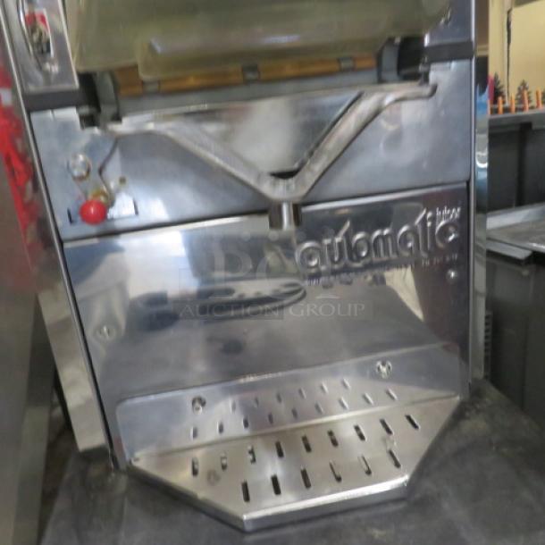 Automatic Feed Citrus Juicer JM-30, stainless steel, self-serve tap, 18x24x31 inches, slight wear, priced at $4795.00.