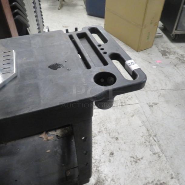 Global black poly 2-shelf cart with casters and top shelf cutout, 17.5x38.5x32.5 inches, compatible with #302 juicer.