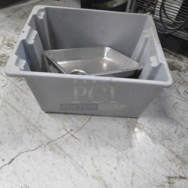 One lot of meat grinder accessories, includes gray plastic bin and stainless steel tray, showing minimal wear.