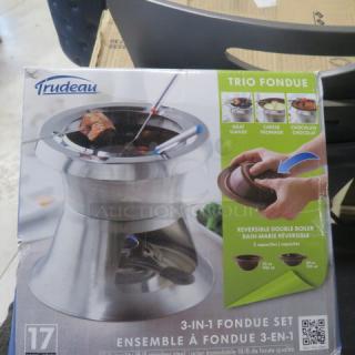Trudeau Trio Fondue Set, 3-in-1, includes reversible double boiler. New in box, features for meat, cheese, and chocolate.