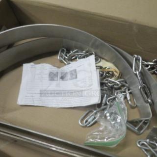 Stainless steel pot/pan holder with chains; includes instruction sheet, packaged in a cardboard box.