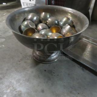 Assorted silver-plated serveware set, includes large bowl with pedestal and multiple cups, tarnished condition.