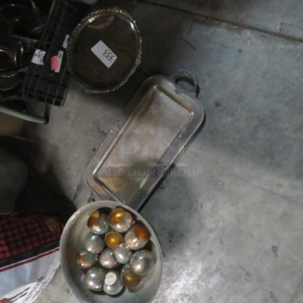Assorted silver plated serveware set, includes trays and bowls, various styles and sizes, visible tarnishing, auction lot 333.
