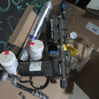 Pentair Everpure Filter System, includes tubes and fittings; features pressure gauge, visible brand marking; used condition.