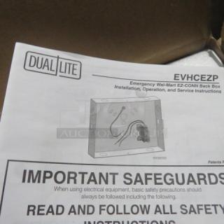 Dualite LED emergency light back box EVHCEZP with installation instructions shown in packaging.
