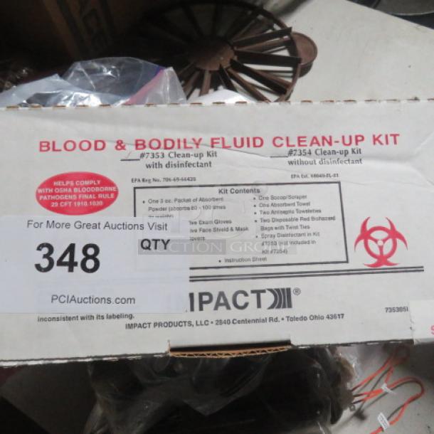 Blood/Body Fluid Clean Up Kit box, includes EPA-approved contents. Labels display kit details and usage. Condition appears intact.