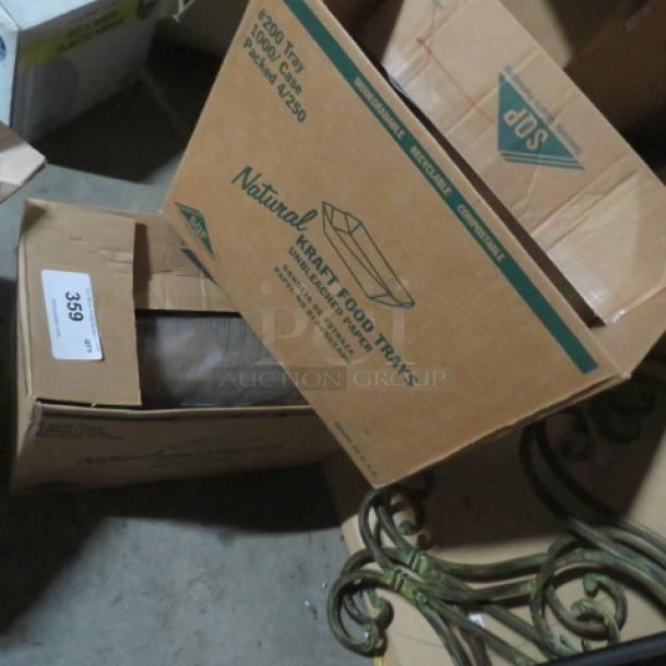 Boxes of assorted to-go items, including Natural Kraft food trays. Marked "359" on the box, indicating auction lot number.