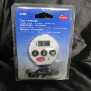 Cooper Timer Model TS100, new in packaging. Features stopwatch, countdown, black buttons, and digital display.