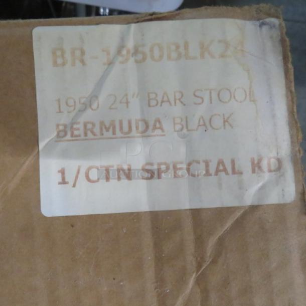 Label on cardboard box for a BR-1950BLK24 24" bar stool, Bermuda black, one per carton, special KD.
