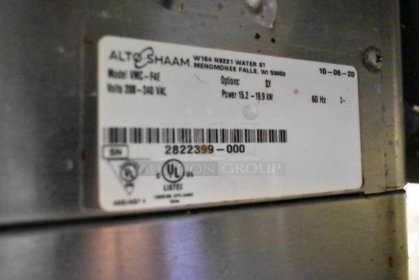 Label from a 2020 Alto Shaam VMC-F4E electric oven, showing model, voltage, and UL certifications.