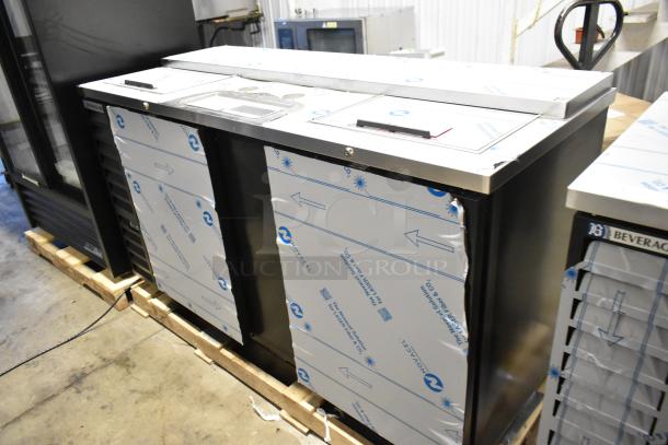 Brand new Beverage Air DD68HC-1-C-B kegerator, 2-tap, scratch and dent condition, 115V, seen with protective wrap.
