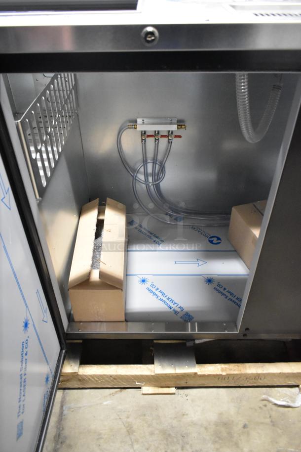 Beverage Air DD68HC-1-C-B new kegerator interior, showing cables, protective packaging, and metal finish. 115V, 1 Phase.