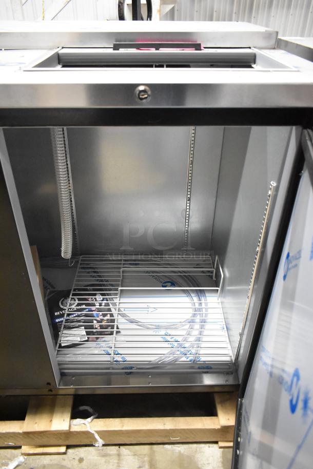 Brand new Beverage Air DD68HC-1-C-B kegerator, 2 single tap, 115V, metal construction, interior view shown, quick start guide included.