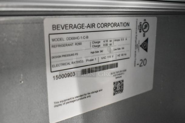 Beverage Air DD68HC-1-C-B kegerator label with specs: 115V, 1 phase, refrigerant R290, 4.10 oz charge, UL listed.
