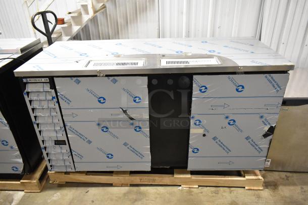 Brand new Beverage Air DD68HC-1-B-016 kegerator, scratch and dent, double tap, 115V, 1 phase, protective wrap visible.