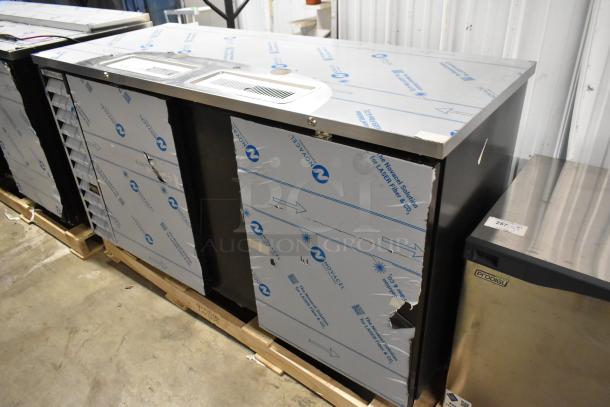 Brand new Beverage Air DD68HC-1-B-016 kegerator, double tap, 115V, metal body, scratch and dent condition, protective wrap.