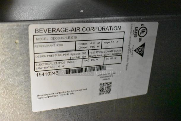 Beverage Air DD68HC-1-B-016 tag showing specs: refrigerant R290, 115V, 1-phase, 5.5A, climate class details.