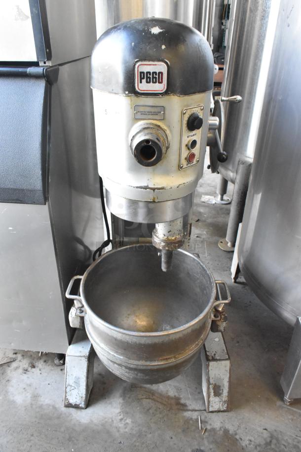 Hobart P660 commercial 60-quart dough mixer with metal bowl, floor style, 208 volts, 1 phase, showing wear.
