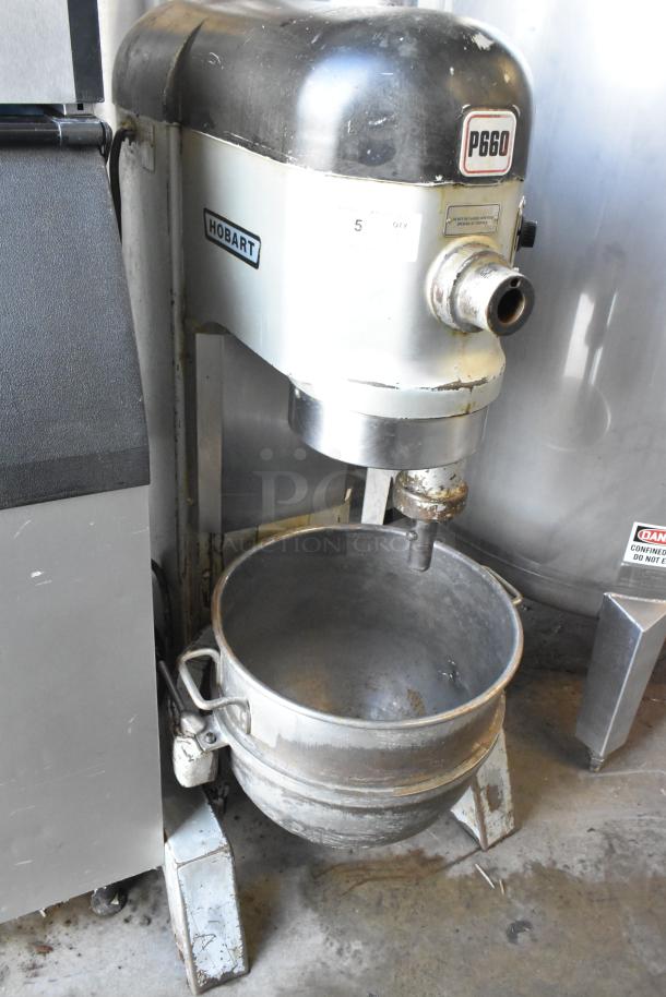 Hobart P660 commercial 60-quart mixer with metal bowl, planetary style, 208V, 1 Phase. Shows signs of wear.