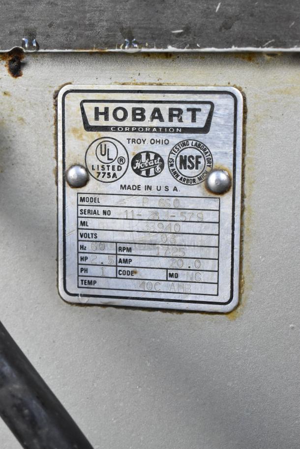 Hobart P660 dough mixer label showing model, serial number, voltage, and specs. Made in USA, UL listed, NSF certified.
