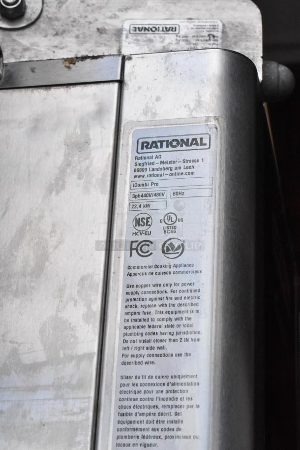 Rational iCombiPro LM100CE.AXXXX/LM100EE.AXXXX stainless steel convection oven label, 440/480V, 22.4 kW.