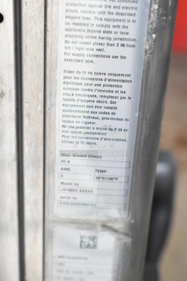 Rational iCombiPro oven label showing model LM100EE.AXXXX, 60A, 60°C/140°F, 4 AWG, 440/480V, 3-phase, stainless steel.