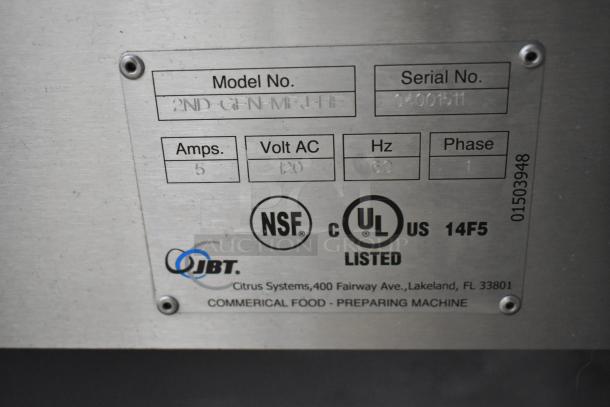 JBT 2ND-GEN-MFJ-HE Fresh N Squeeze citrus juicer label showing model, serial number, 120V, 1 phase, NSF-certified.