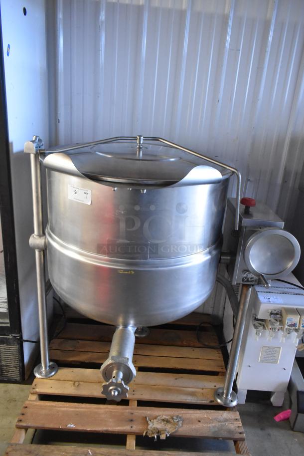Cleveland KDL-60T stainless steel 60-gallon steam kettle, floor style, excellent condition, control panel, visible quantity tag.