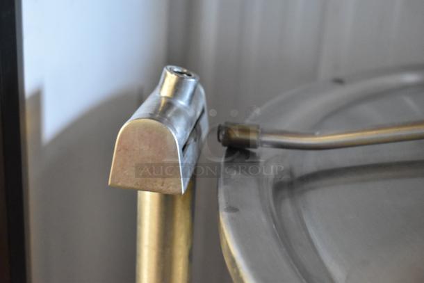 Cleveland KDL-60T stainless steel 60-gallon steam kettle, floor style, detail of spout, excellent condition.