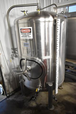 JV Northwest 10 BBL stainless steel brewing tank, 420-gallon capacity. Features clear volume markings and caution labels.