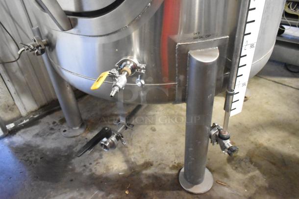 JV Northwest 10 BBL stainless steel brewing tank, 420-gallon capacity, commercial floor style, with valves and measurement gauge.