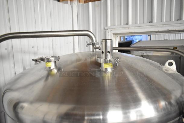 JV Northwest stainless steel 10 BBL/420 gallon brewing tank, commercial floor style, with valve fittings and labels visible.