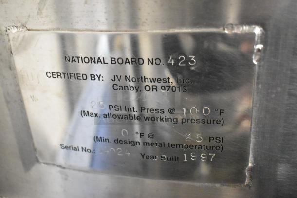 JV Northwest stainless steel 10 BBL beer fermenting tank. Plaque shows date of manufacture: 1997; pressure specs; serial no. 1424.