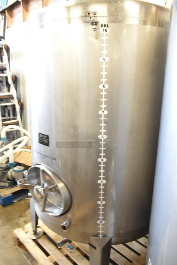 Stainless steel 10 BBL/420-gallon beer tax determination tank. Features measurement markings and a hatch door, excellent condition.