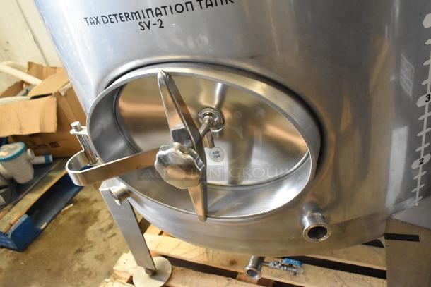 Stainless steel 10 BBL / 420-gallon beer tax determination tank, SV-2, in excellent condition with visible AISI 304 label.
