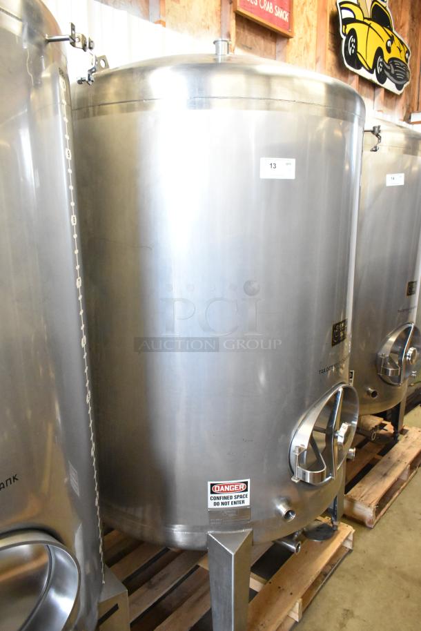 Stainless steel 10 BBL / 420-gallon clear beer tank, floor style, commercial use; visible "Danger" label.