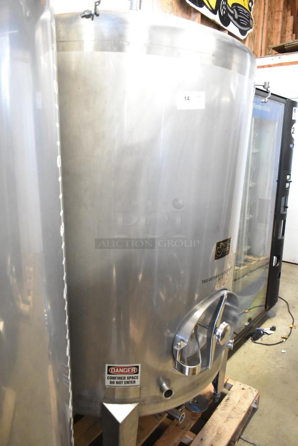 Stainless steel 10 BBL beer tax determination tank, 420-gallon capacity, floor style, with safety labels.
