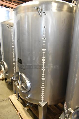 Stainless steel 10 BBL (420 gallon) commercial beer tax determination tank, floor style, features volume markings.