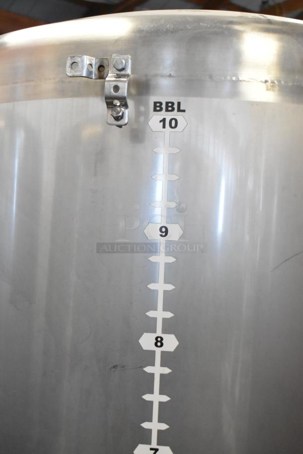 Stainless steel 10 BBL/420-gallon beer tax determination tank, featuring BBL markings and latch, in commercial floor style.